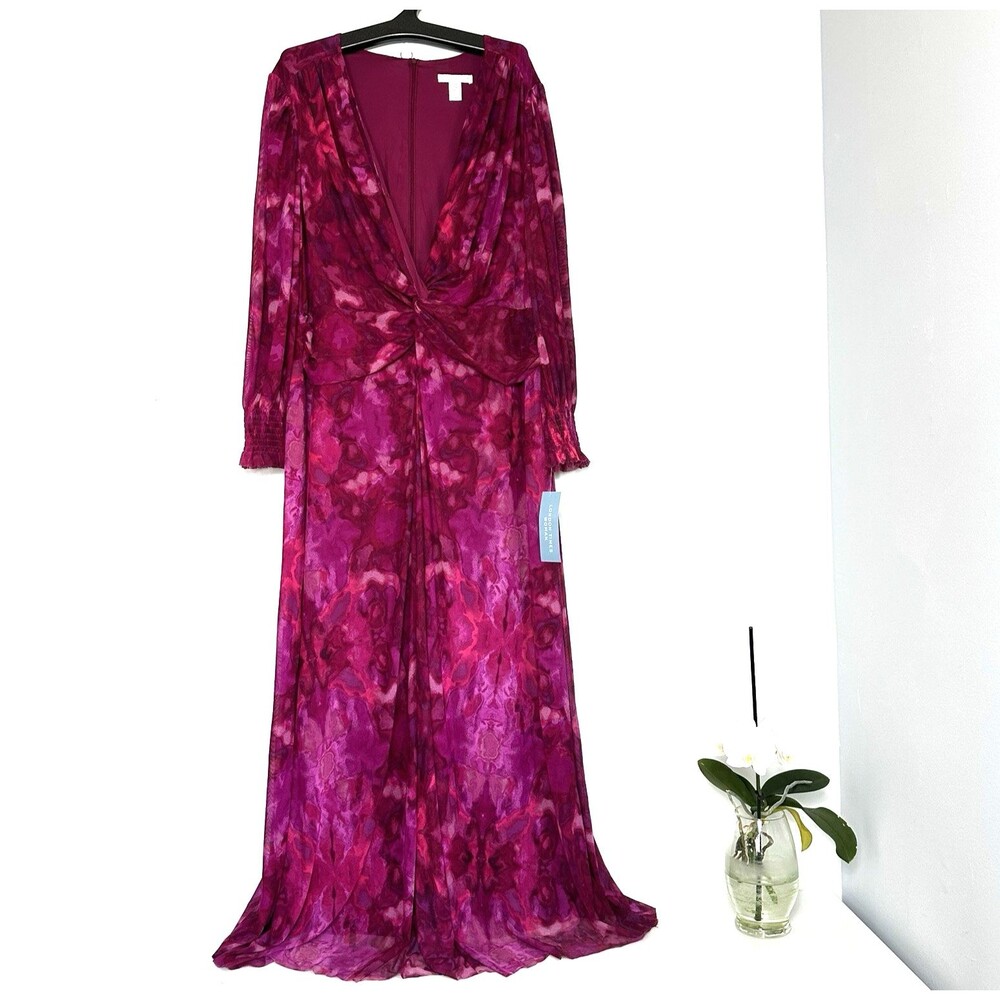 NWT London Times Womens 20W Red Long Sleeves Floral Party Maxi Dress Length: 57"
